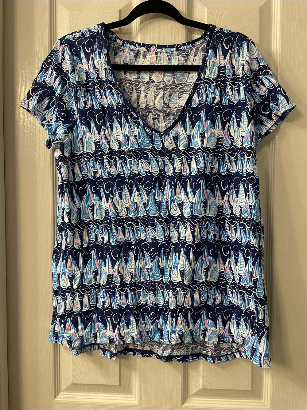 Lilly Pulitzer Navy V-Neck Short Sleeve Top with Light Blue Sailboat Print